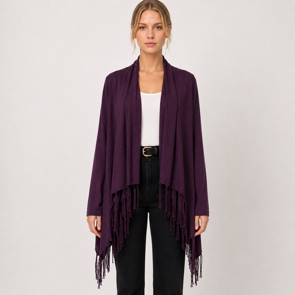 Fringe Cascading Cardigan Purple Knit Shawl Wrap Sweater Jacket Boho Super‎ Soft